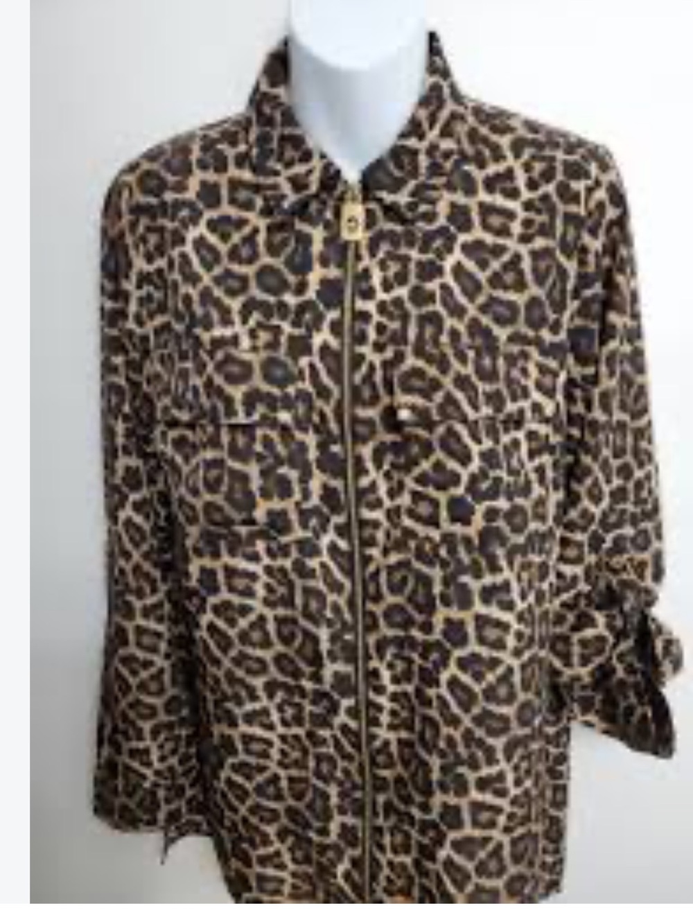 MICHAEL Michael Kors Leopard Zip-Front Button Down Shirt - Brown/Tan